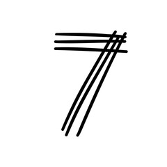 Digit number seven scribble font in doodle scribble brush hand drawn style isolated on white background. For lettering, presentation, education, logo, signboard, branding, abc, alphabet.