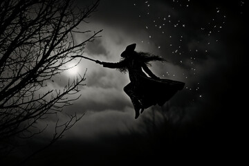 silhouette of a witch flying in the moon night