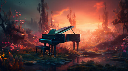 Grand piano in a surreal environment, Elysium fantasy dreamscape concept