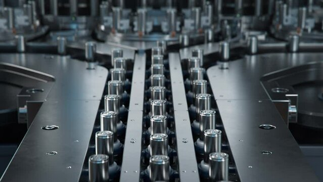 Battery Cells for Automotive Industry on Production Line. High Performance and Capacity Battery Manufacturing Process. Lithium-ion Cells for High-voltage Electric Vehicle Batteries on Conveyor.