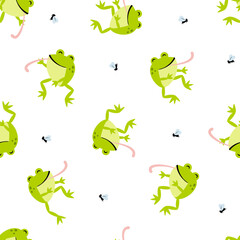Naklejka premium Seamless pattern with cute frog and insects.