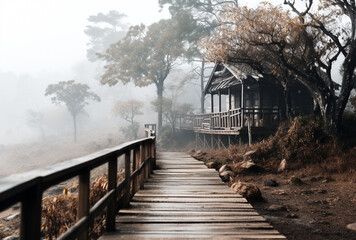 Film picture of Decayed old wooden bridge in a rural village humidity of the air there is a white fog in the morning.