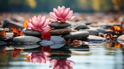 Balance and relaxation background, balancing pebbles in water with flower 