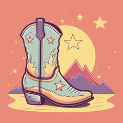Retro style Cowboy boots with stars vector illustartion on colorful mountain background. Wild Western, Cowgirl concept. Trendy hand drawn style. For poster, logo, banner.