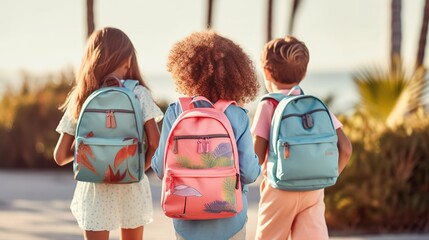 happy children girls and boys with backpacks, ready for first day of school