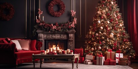 AI Generated. AI Generative. Merry Christmas Xmas New Year home interior architecture decoration background. Graphic Art