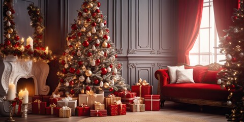 AI Generated. AI Generative. Merry Christmas Xmas New Year home interior architecture decoration background. Family cozy home party holiday eve night time