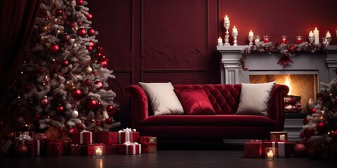 AI Generated. AI Generative. Merry Christmas Xmas New Year home interior architecture decoration background. Graphic Art