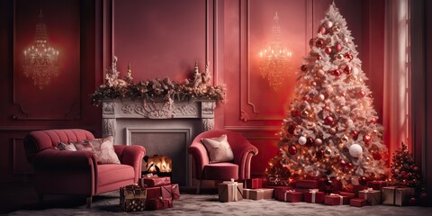 AI Generated. AI Generative. Merry Christmas Xmas New Year home interior architecture decoration background. Family cozy home party holiday eve night time