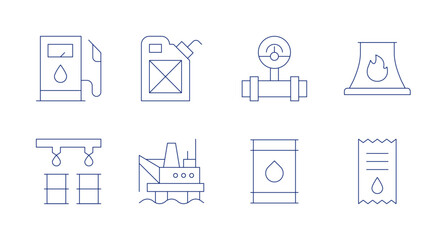Natural petroleum icons. editable stroke. Containing oil, pipe, refinery, oil barrel, oil platform, tank, ticket.