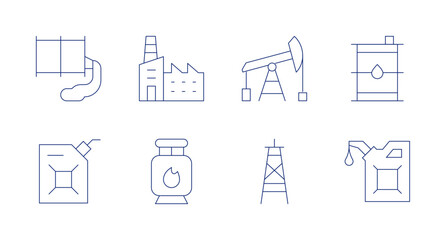 Natural petroleum icons. editable stroke. Containing barrel, factory, oil pump, oil tank, fuel, gas tank, oil tower, oil.