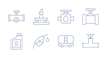 Natural petroleum icons. editable stroke. Containing oil, oil and gas, pipe, valve, oil bottle, oil pump, tanker truck.