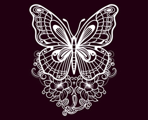 Monochrome openwork butterfly. Line drawing. Tattoo