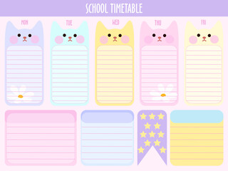 School timetable , Day planner, Date with cartoon cats Blank template. Vector illustration. Minimal style. Clean style. Daily to do. Go to school 