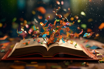 A book opened to a page that falling colorful papre