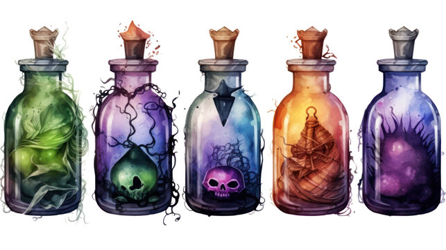 Halloween watercolor hand drawn illustration of magic potion bottles isolated on white transparent background