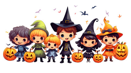 Halloween theme with group of kids in costumes and pumpkins illustration isolated on white transparent background