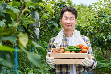 한국 전원생활 농촌 농부 농장에서 농작물 감자 고추 당근을 박스에 담고 카메라 응시하며 미소짓고 있는 젊은남자 모습