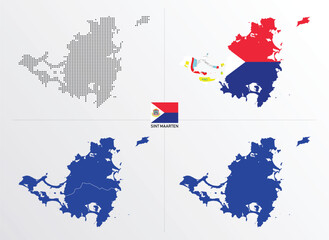 Set of political maps of Sint Maarten with regions isolated and flag on white background. Sint Maarten map blue color vector illustration.