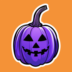 Purple gradient Halloween Pumpkin with white outline and face expression vector illustration on orange background for stickers pack. Halloween night party concept. Holidays cartoon character, gradient