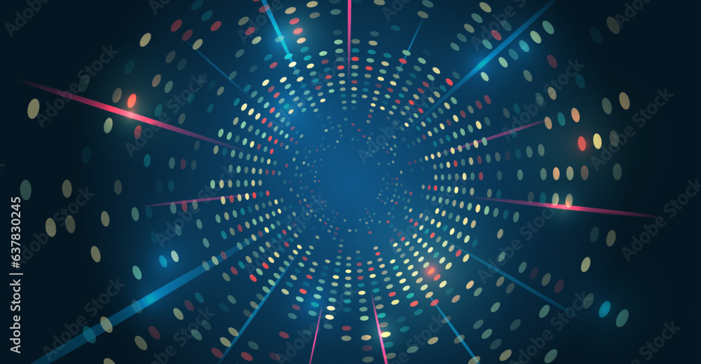 Poster Vector technology background. Big data visualization. Abstract stream information with circles array and binary code. Information analytics concept. Filtering machine algorithms. Sorting data.