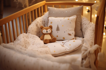 Fototapeta na wymiar Baby bed with a pillow, blanket and toy. Cozy children bed. AI generated