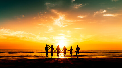 Fototapeta premium Silhouette of group of friends are having fun, having fun on the beach in the evening sunset.