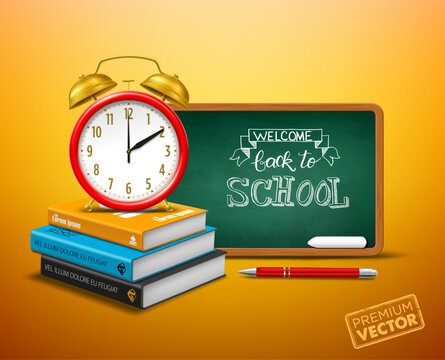 Back to school vector with alarm clock, school blackboard, book pen