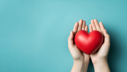 Red heart in hands on a blue background - obrazy, fototapety, plakaty