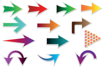 Fototapeta na wymiar Arrows. Set of isolated multicolored arrows. Gradient arrows of different shapes on a white background. Blue, pink, purple, orange, green, yellow gradient colors. Vector design element.