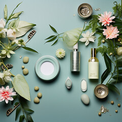 Natural skin care cosmetic products : cream, serum bottle with herbs and beautiful flowers on pale blue background. Direct above view. Generative Ai