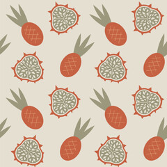 Abstract pineapple and dragon fruit wallpaper. Seamless pattern with tropical fruits. Healthy food texture.