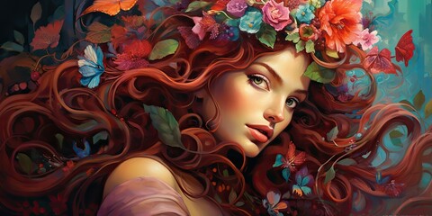 AI Generated. AI Generative. Beautiful female woman portrait face with flowers in the hair. Beauty makeup fashion concept. Graphic Art