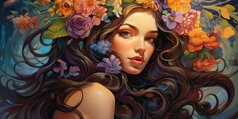 AI Generated. AI Generative. Beautiful female woman portrait face with flowers in the hair. Beauty makeup fashion concept. Graphic Art