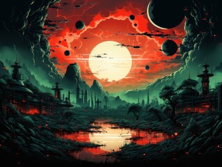 Obraz premium Image: A red - hot dying planet surrounded by a green technology canopy network Style of the Artwork: 