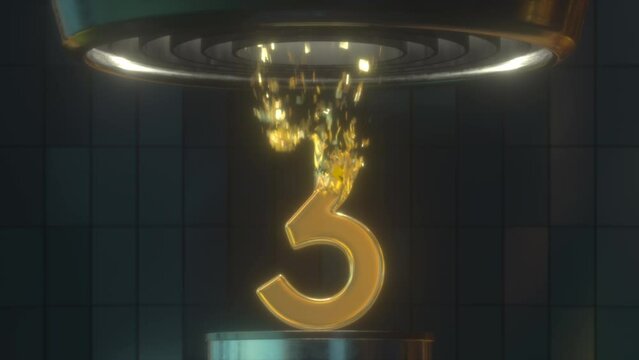 Gold Foil Digit 3 Reveals and Disintegrates in a Turbine. Dark Futuristic Scene. 4k 3D Animation for Learning Numbers, Digits and Counting.
