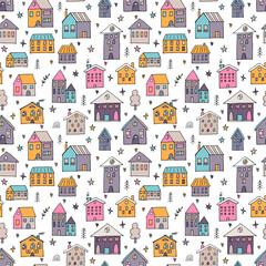 Cute seamless pattern with hand drawn houses. Buildings. Doodle style. Texture for fabric, wrapping, textile, wallpaper