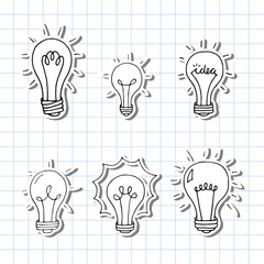 Hand drawn light bulbs. Doodle light bulb. Idea concept. Sketch, minimalistic design. Stickers