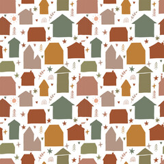 Retro seamless pattern with hand drawn houses and buildings. Texture for fabric, textile, wrapping, wallpaper