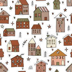 Retro seamless pattern with hand drawn houses. Buildings. Doodle style. Texture for fabric, textile, wrapping, wallpaper