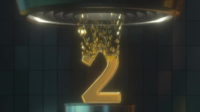 Gold Foil Digit 2 Reveals and Disintegrates in a Turbine. Dark Futuristic Scene. 4k 3D Animation for Learning Numbers, Digits and Counting.