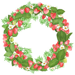 Decorative watercolor strawberry wreath with red berries and green leaves. Wild forest strawberry clipart. Hand-drawn illustration for greeting cards, invitation design, posters