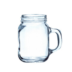 Hand drawn watercolor illustration. A glass mug for hot and cold drinks and beverages. Transparent and empty