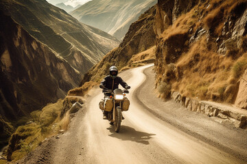 Biker riding his motorbike in the mountain