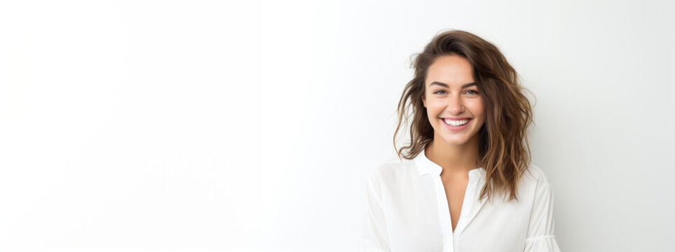 Ad banner showcasing a cheerful and youthful lady. Empty area for adding text.