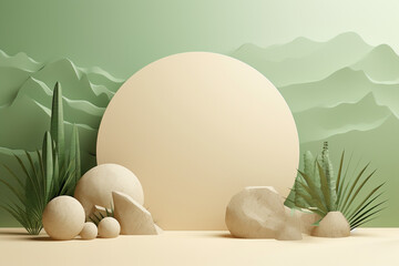 3D mock-up beige and green style showcase podium stage for a product presentation - minimal, clean, and natural concept