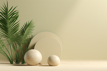 3D mock-up beige and green style showcase podium stage for a product presentation - minimal, clean, and natural concept