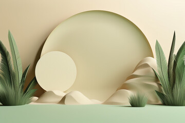 3D mock-up beige and green style showcase podium stage for a product presentation - minimal, clean, and natural concept