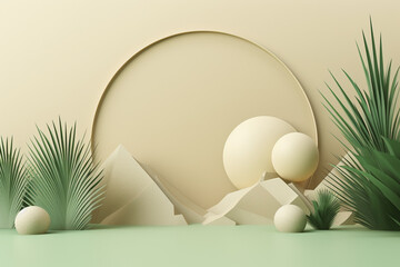3D mock-up beige and green style showcase podium stage for a product presentation - minimal, clean, and natural concept
