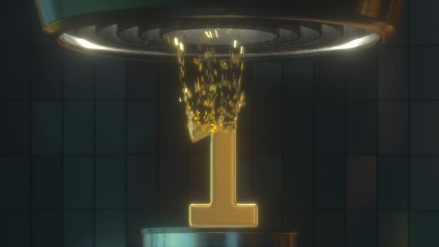 Gold Foil Digit 1 Reveals and Disintegrates in a Turbine. Dark Futuristic Scene. 4k 3D Animation for Learning Numbers, Digits and Counting.